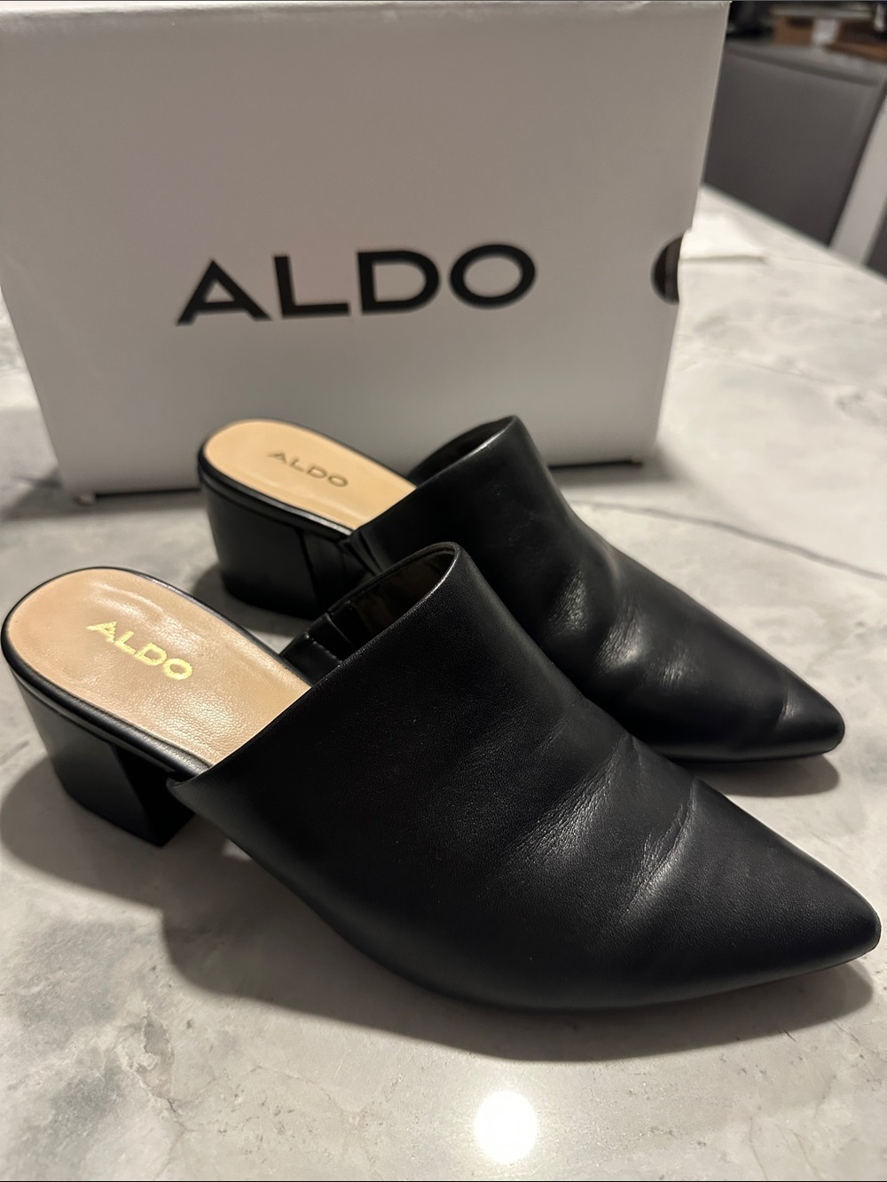 Aldo Black Pointed Leather Mule Heels